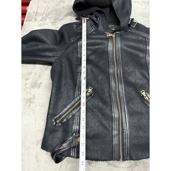 Express Faux Leather Hooded Moto Jacket Black Gold Zip Details Size Large - Picture 10 of 10